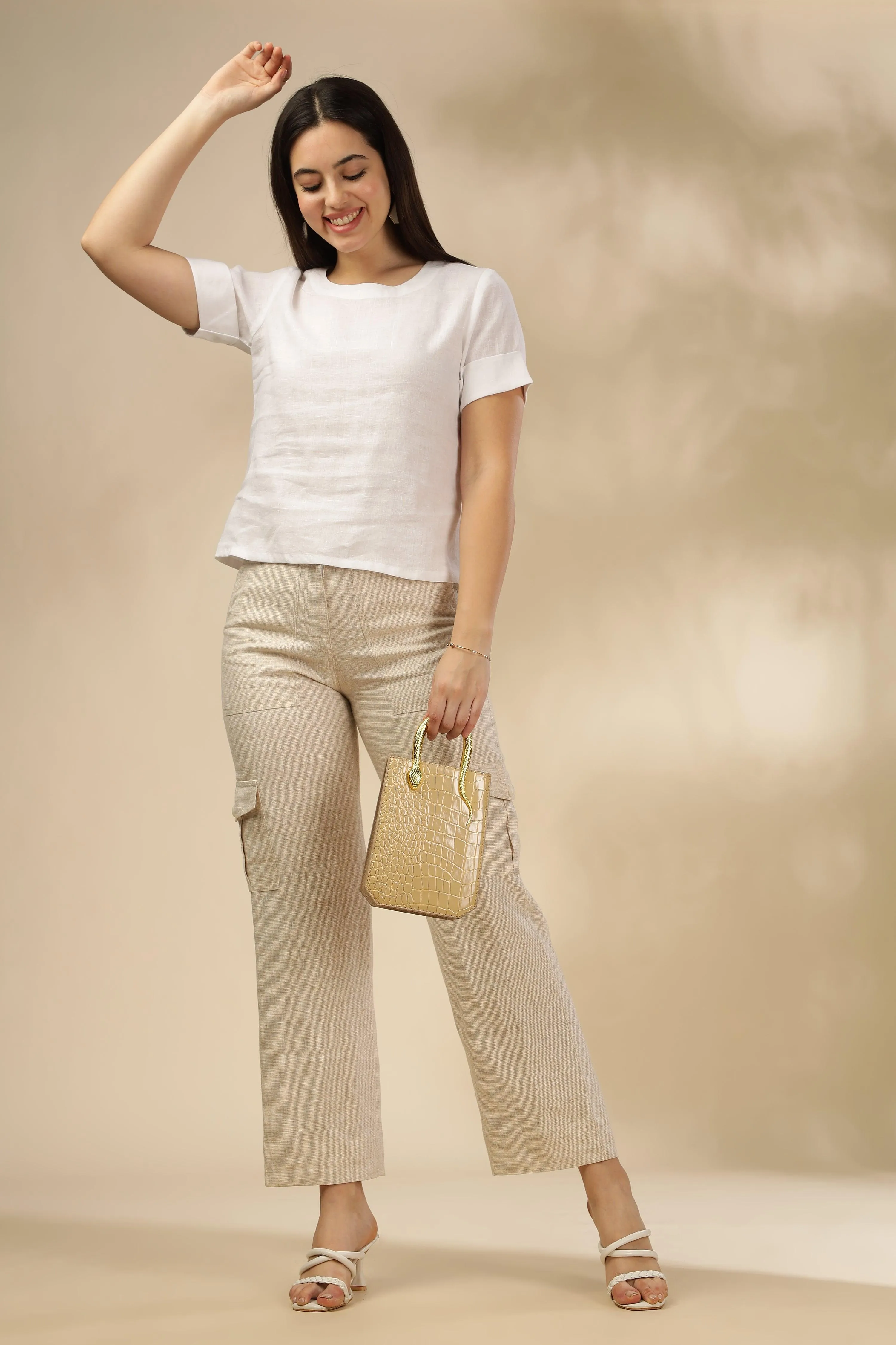 AMBER - Pure Irish Linen Cargo Natural Trousers