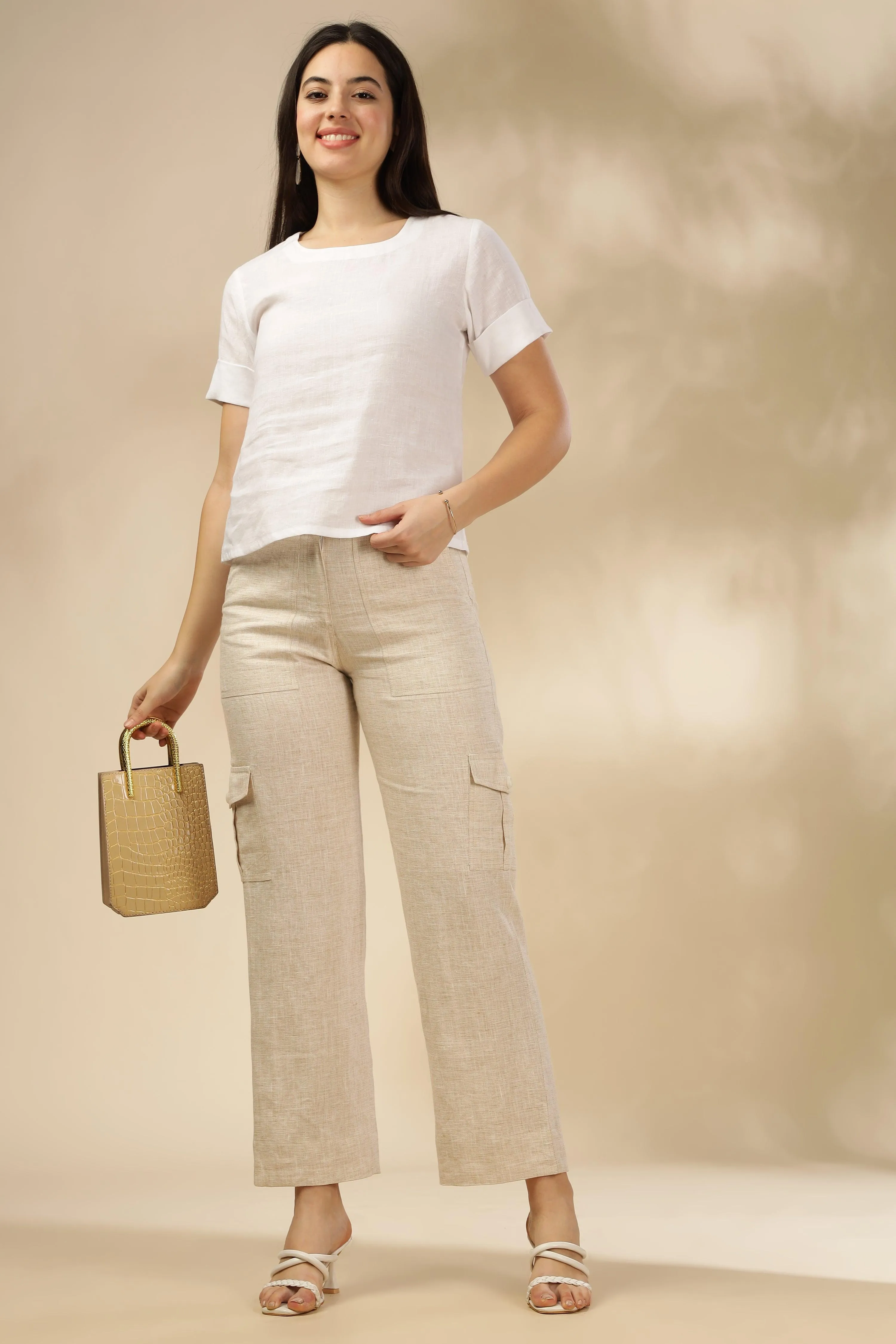 AMBER - Pure Irish Linen Cargo Natural Trousers