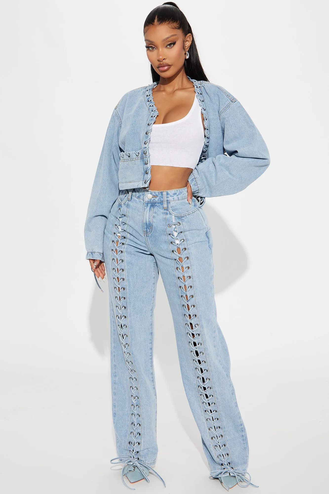 Amplified Lace Up Straight Leg Jeans - Light Wash