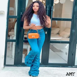 Amy Fashion - 2024 Autumn Blue Fashion Ruched Elasticity Woman Casual High Waist Skinny Fit Flared Denim Jean