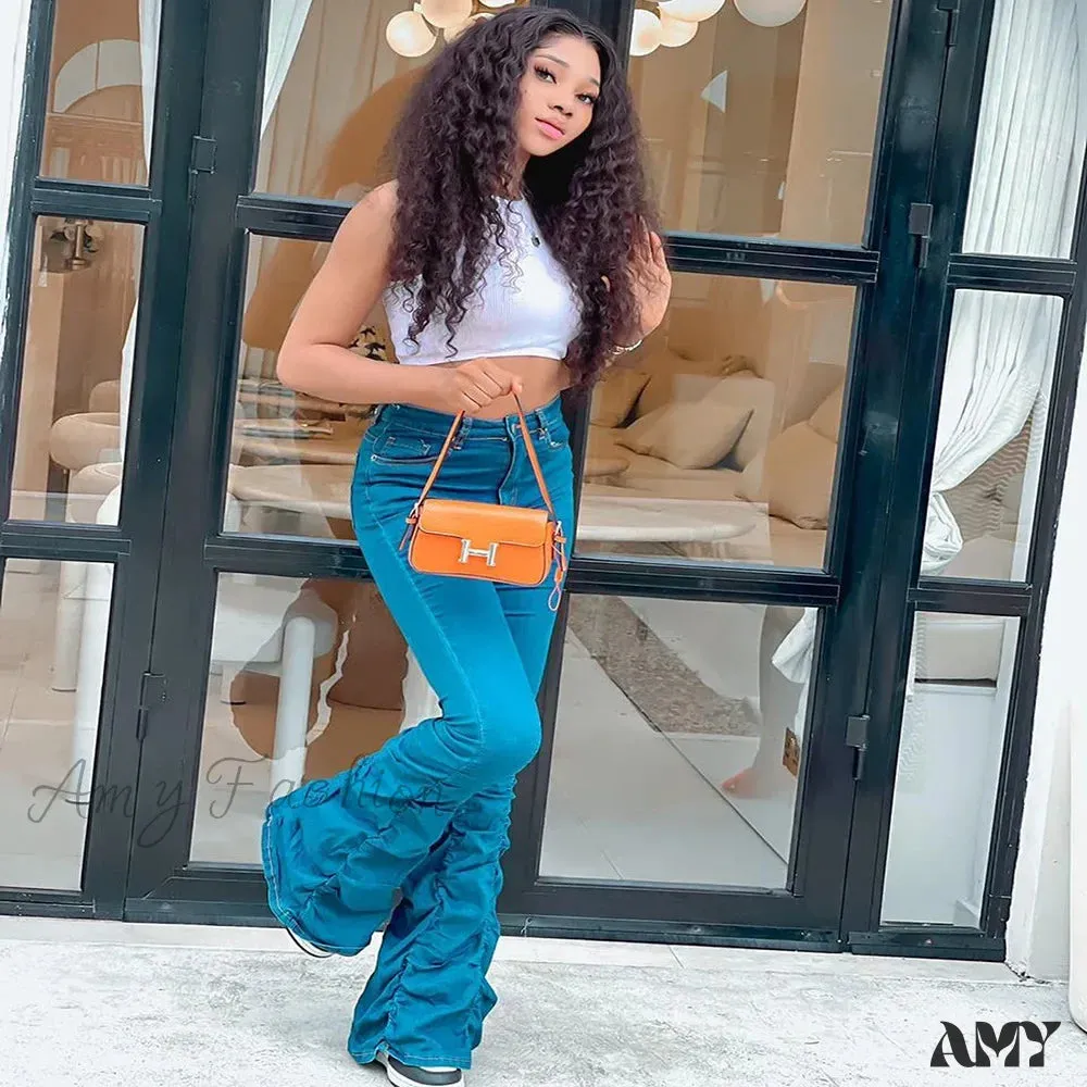 Amy Fashion - 2024 Autumn Blue Fashion Ruched Elasticity Woman Casual High Waist Skinny Fit Flared Denim Jean