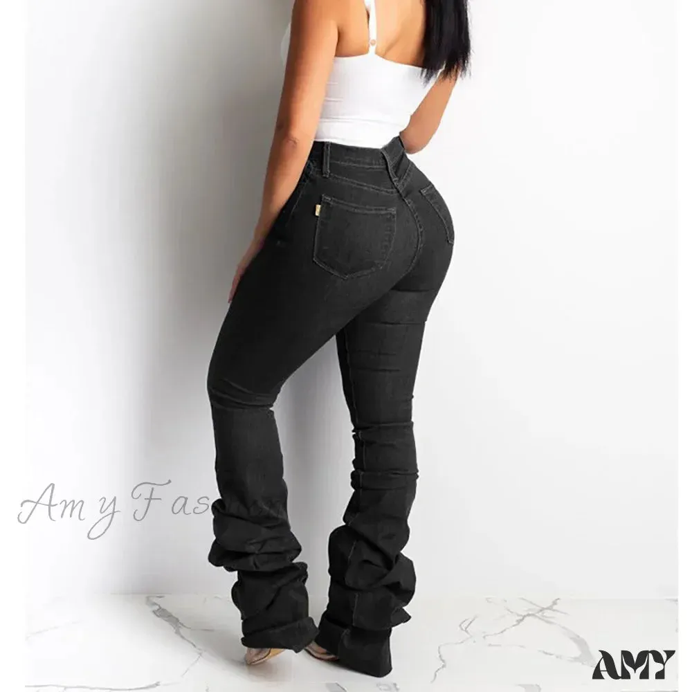 Amy Fashion - 2024 Autumn Blue Fashion Ruched Elasticity Woman Casual High Waist Skinny Fit Flared Denim Jean