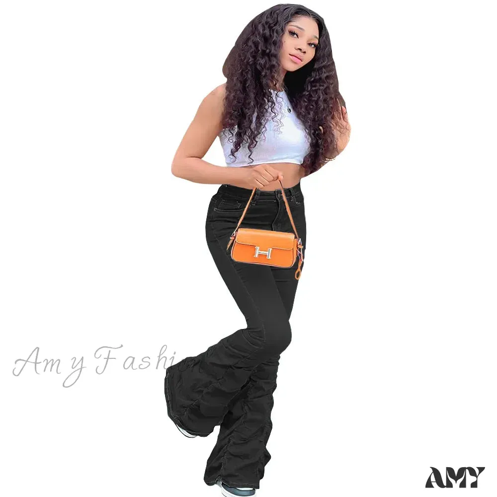 Amy Fashion - 2024 Autumn Blue Fashion Ruched Elasticity Woman Casual High Waist Skinny Fit Flared Denim Jean