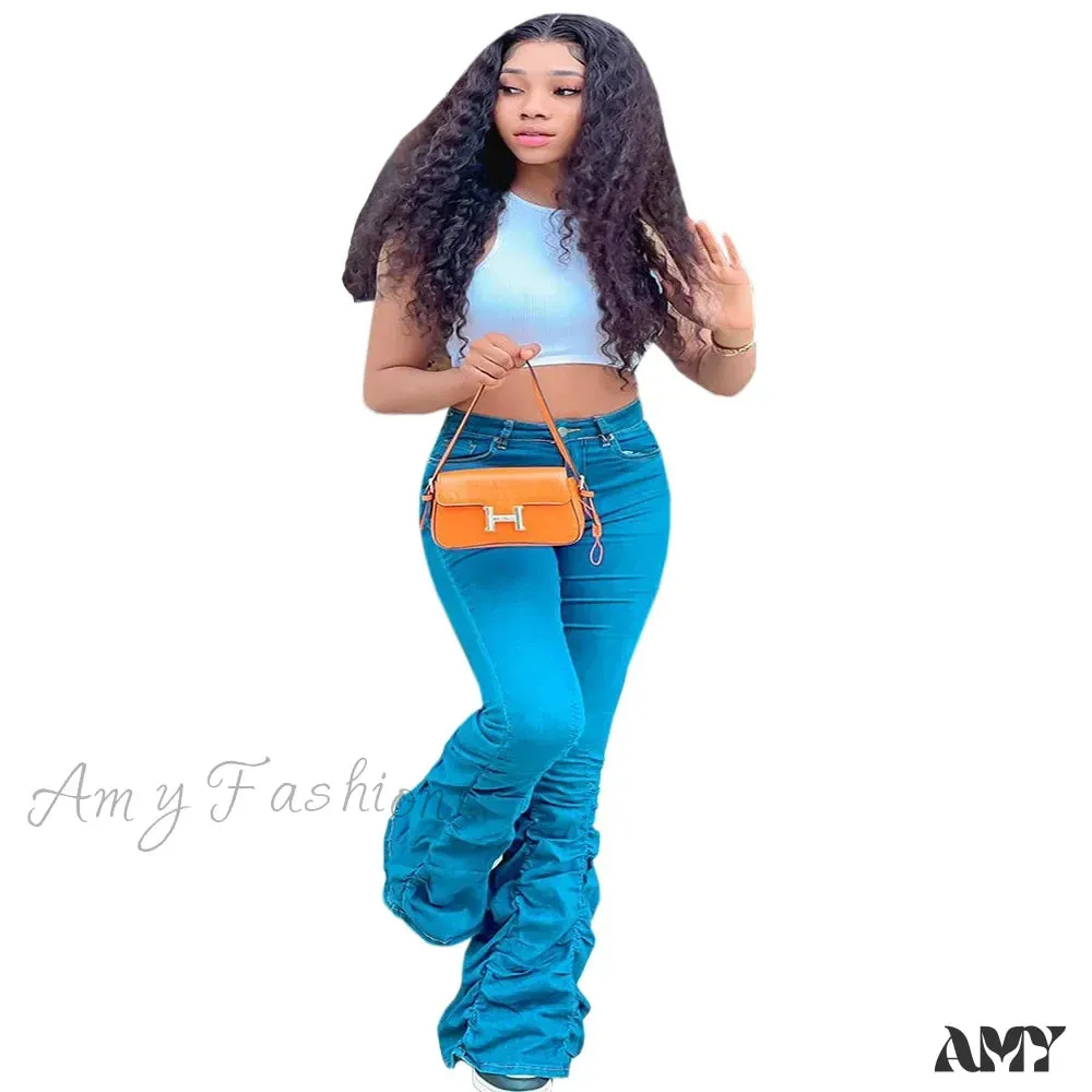 Amy Fashion - 2024 Autumn Blue Fashion Ruched Elasticity Woman Casual High Waist Skinny Fit Flared Denim Jean