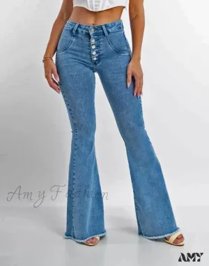 Amy Fashion - 2024 Skinny Flare for Women High Waist Button Lady Sexy Push Up Denim Bell Bottom Jean