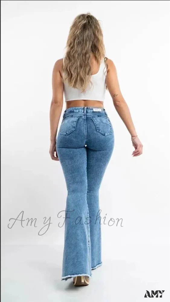 Amy Fashion - 2024 Skinny Flare for Women High Waist Button Lady Sexy Push Up Denim Bell Bottom Jean