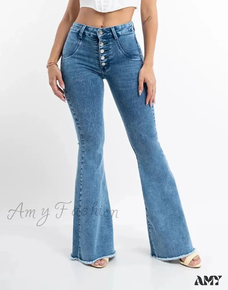 Amy Fashion - 2024 Skinny Flare for Women High Waist Button Lady Sexy Push Up Denim Bell Bottom Jean