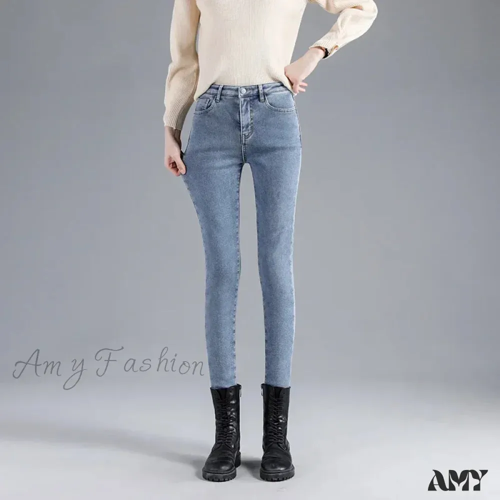 Amy Fashion - Winter Warm Thick Velvet High Skinny Slim Stretch Pencil Denim Jean