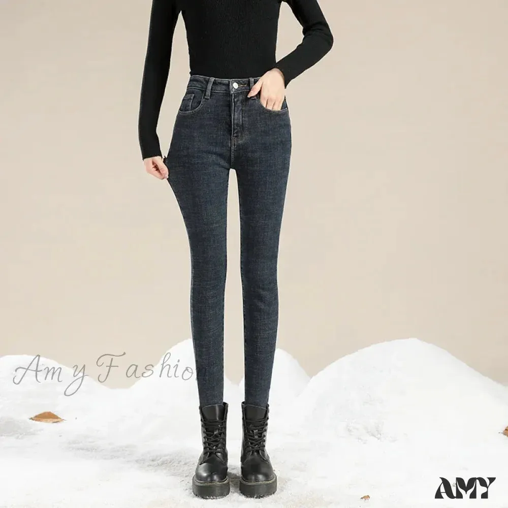 Amy Fashion - Winter Warm Thick Velvet High Skinny Slim Stretch Pencil Denim Jean