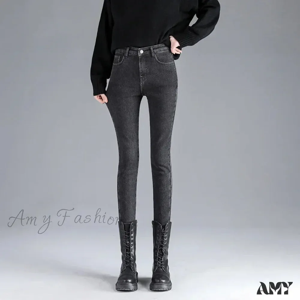 Amy Fashion - Winter Warm Thick Velvet High Skinny Slim Stretch Pencil Denim Jean