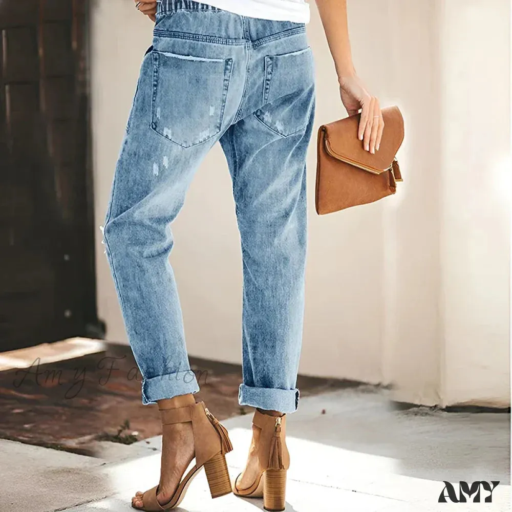 Amy Fashion - Women's Streetwear Ripped Vintage Casual Fashion Drawstring Elastic Waist High Elastic Baggy Jean