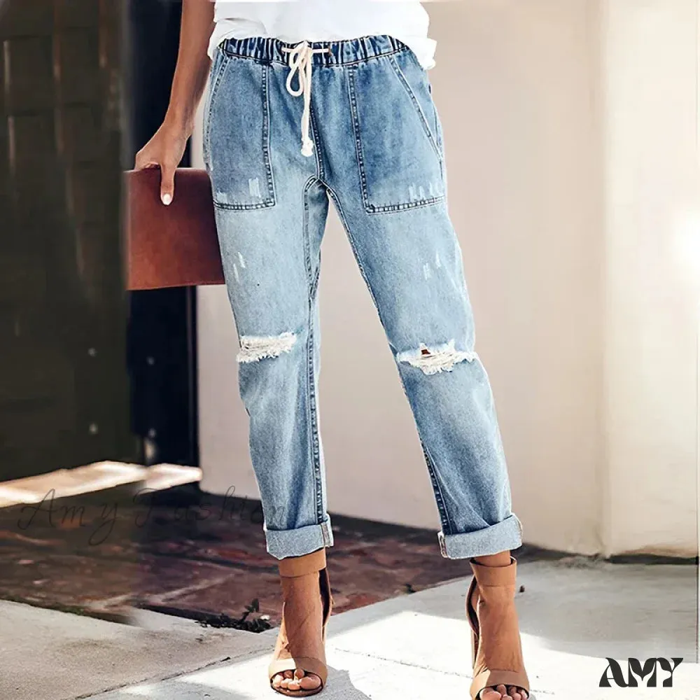 Amy Fashion - Women's Streetwear Ripped Vintage Casual Fashion Drawstring Elastic Waist High Elastic Baggy Jean