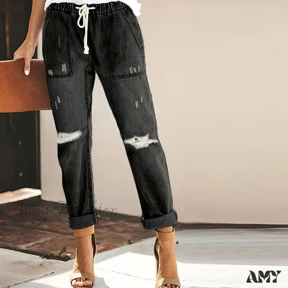 Amy Fashion - Women's Streetwear Ripped Vintage Casual Fashion Drawstring Elastic Waist High Elastic Baggy Jean