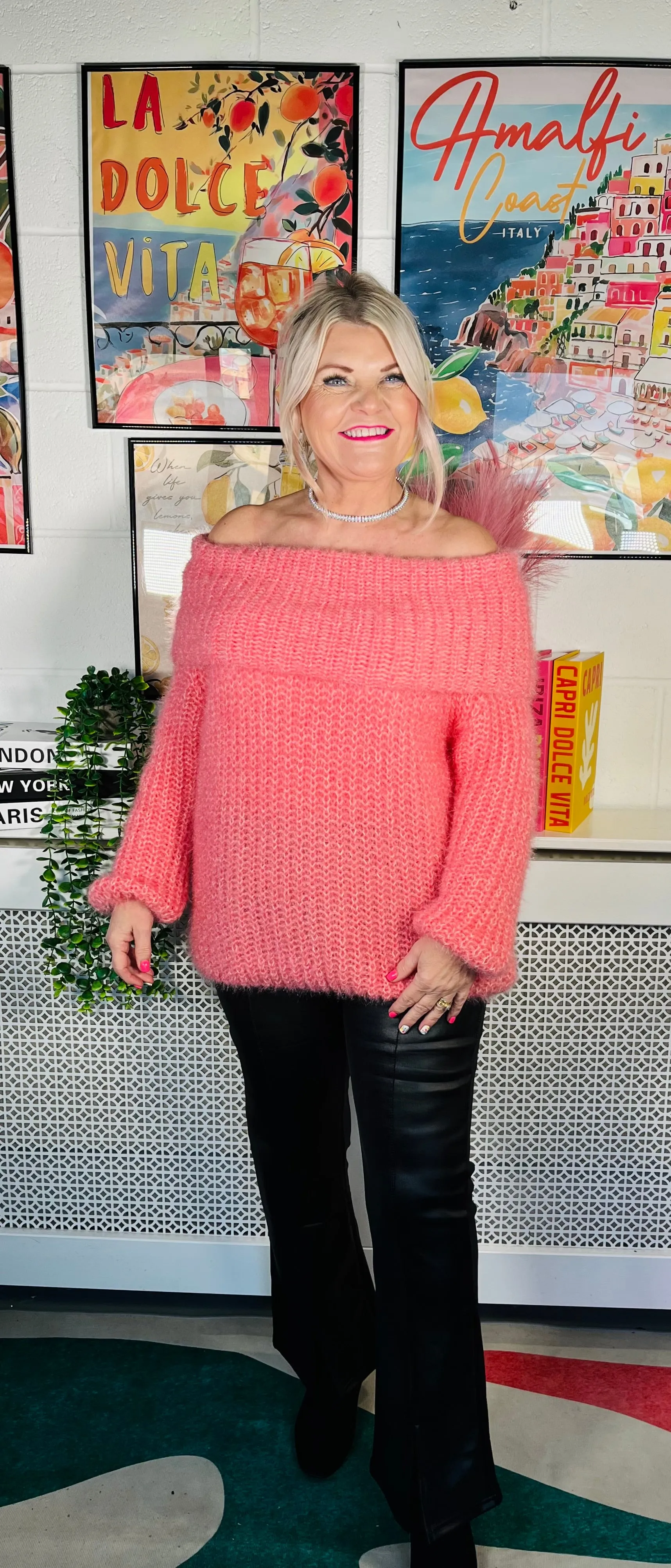 Anastasia Fluffy Bardot Jumper - Baby Pink