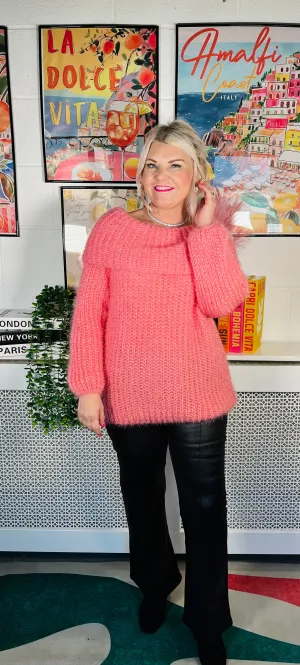 Anastasia Fluffy Bardot Jumper - Baby Pink
