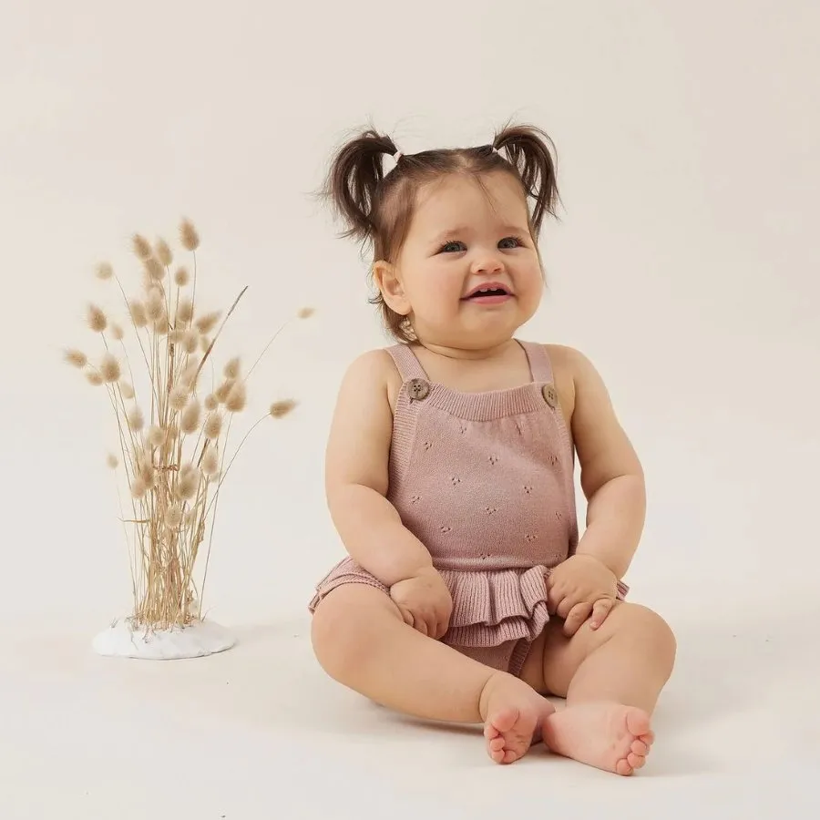 Aster & Oak Rosette Ruffle Knit Romper