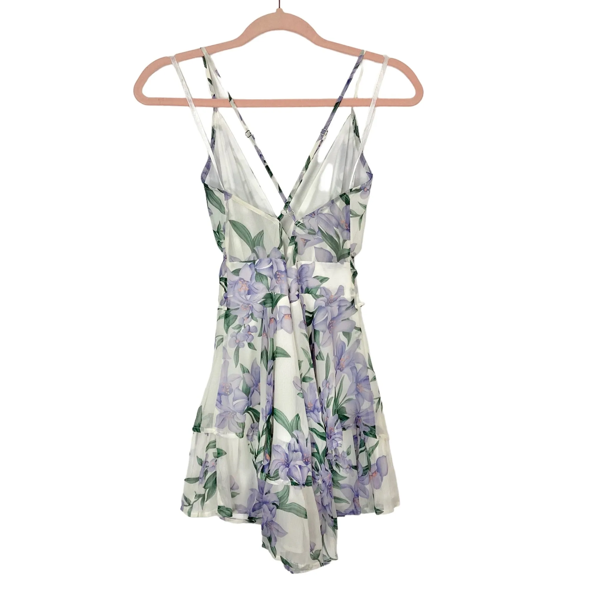 Aura White/Purple Floral Wrap Bodice Ruffle Romper NWT- Size S (sold out online)