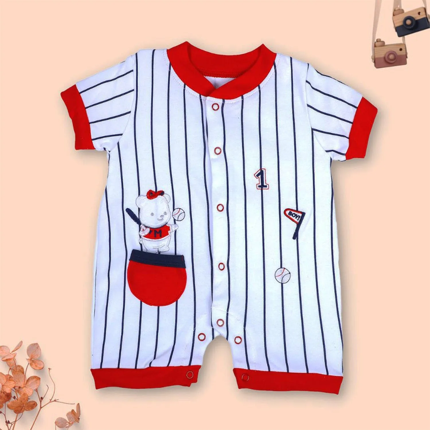 Baby Moo Sporty Teddy Striped Soft Cotton Short Romper - Red