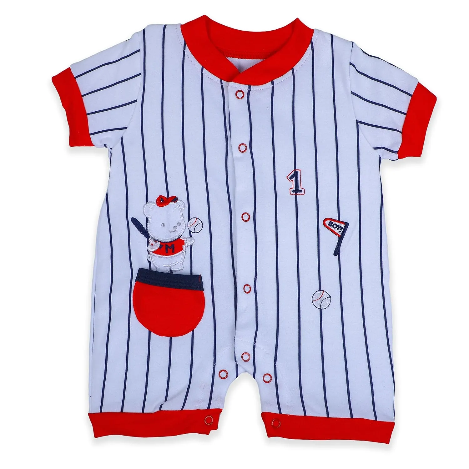 Baby Moo Sporty Teddy Striped Soft Cotton Short Romper - Red