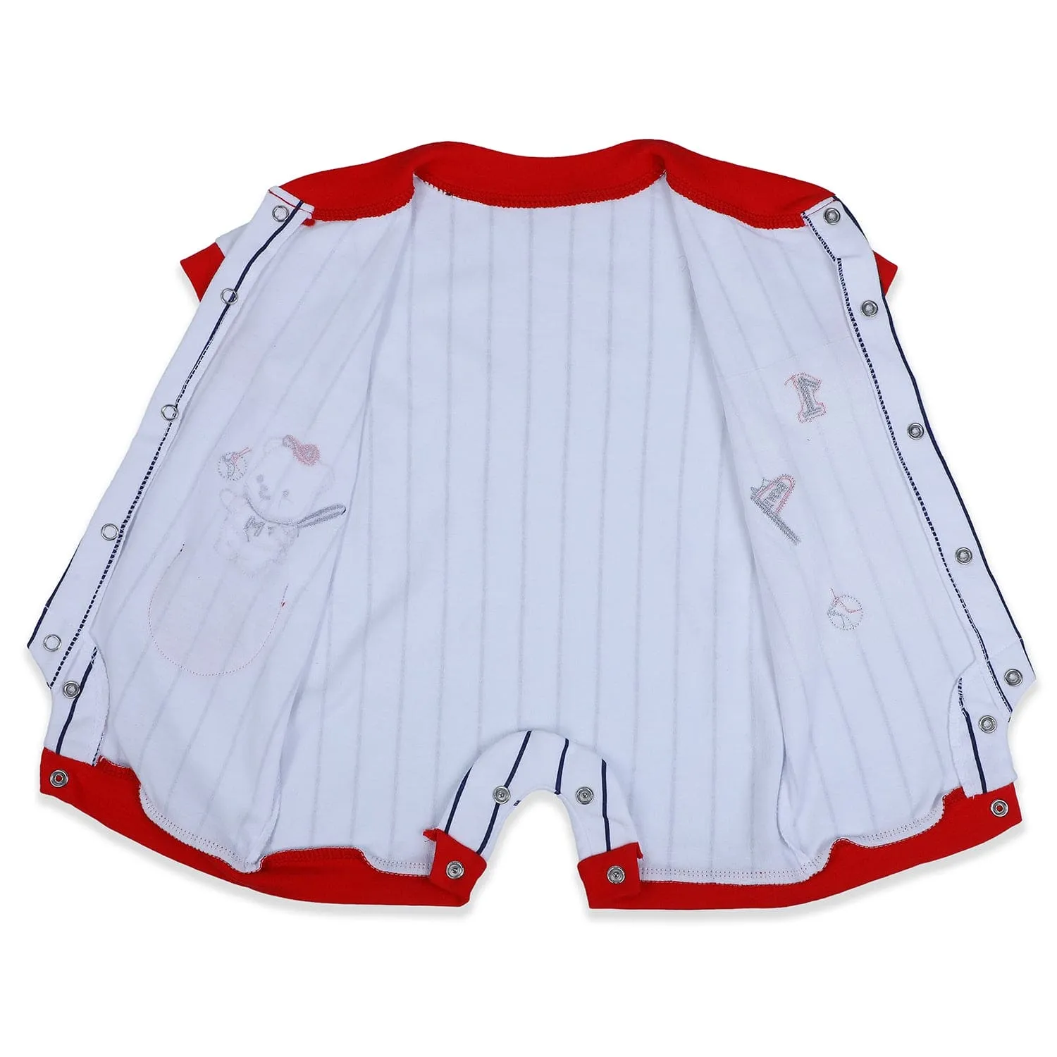 Baby Moo Sporty Teddy Striped Soft Cotton Short Romper - Red