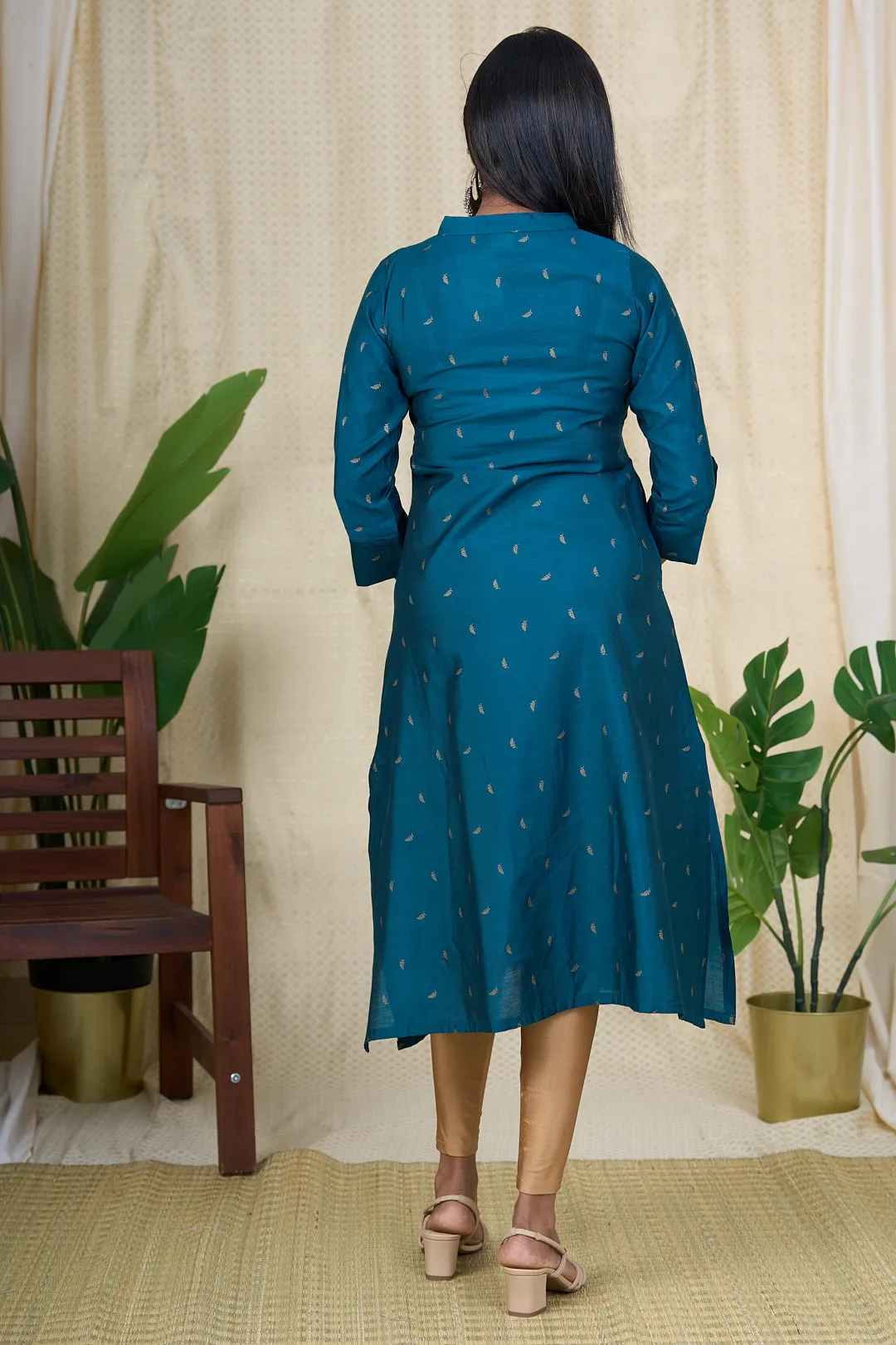 Best Kurta for Ladies - Teal Green Viscose Silk Kurta with Chinese Collar