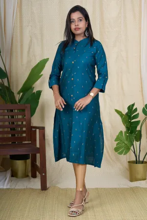 Best Kurta for Ladies - Teal Green Viscose Silk Kurta with Chinese Collar