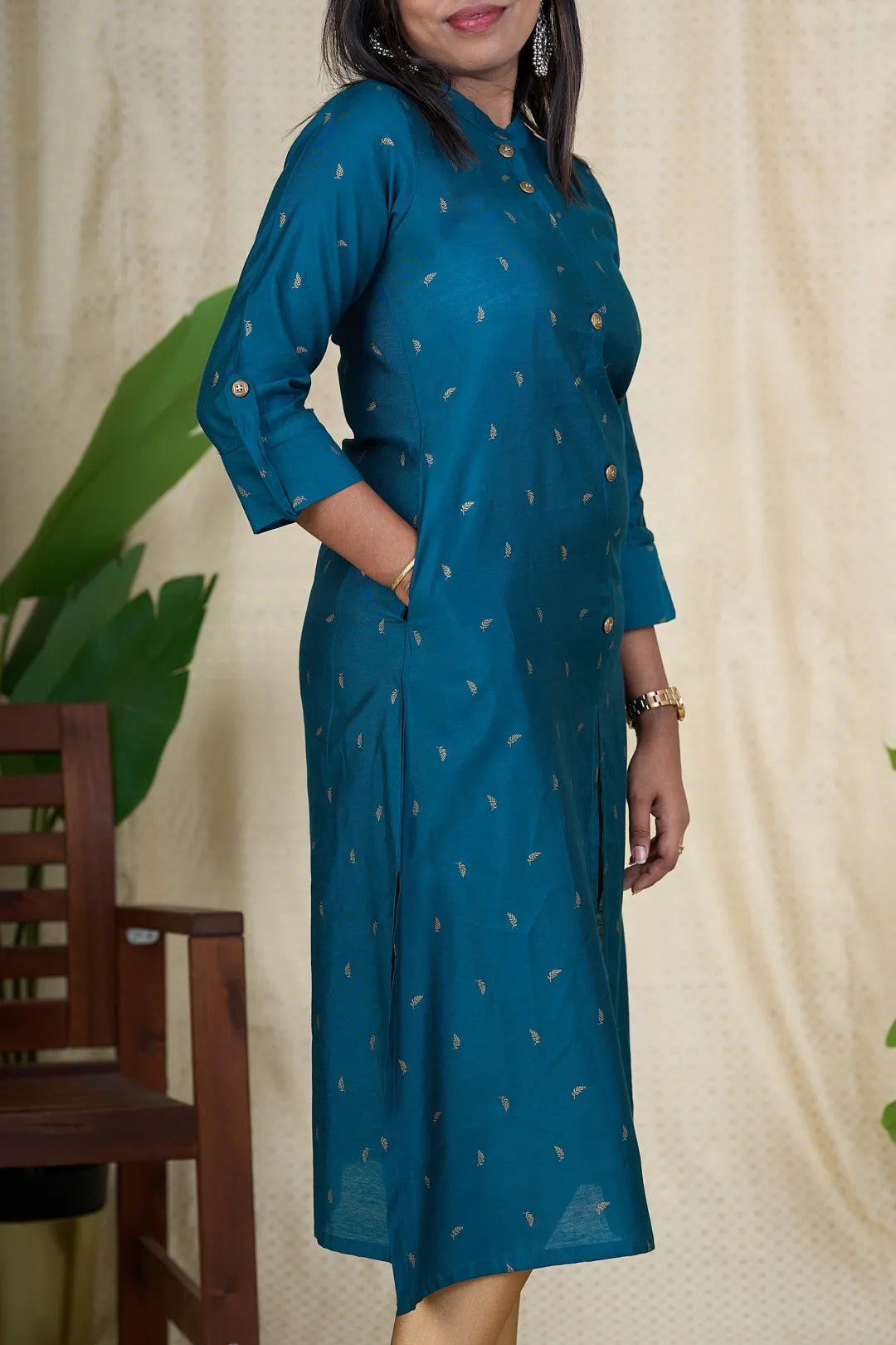Best Kurta for Ladies - Teal Green Viscose Silk Kurta with Chinese Collar