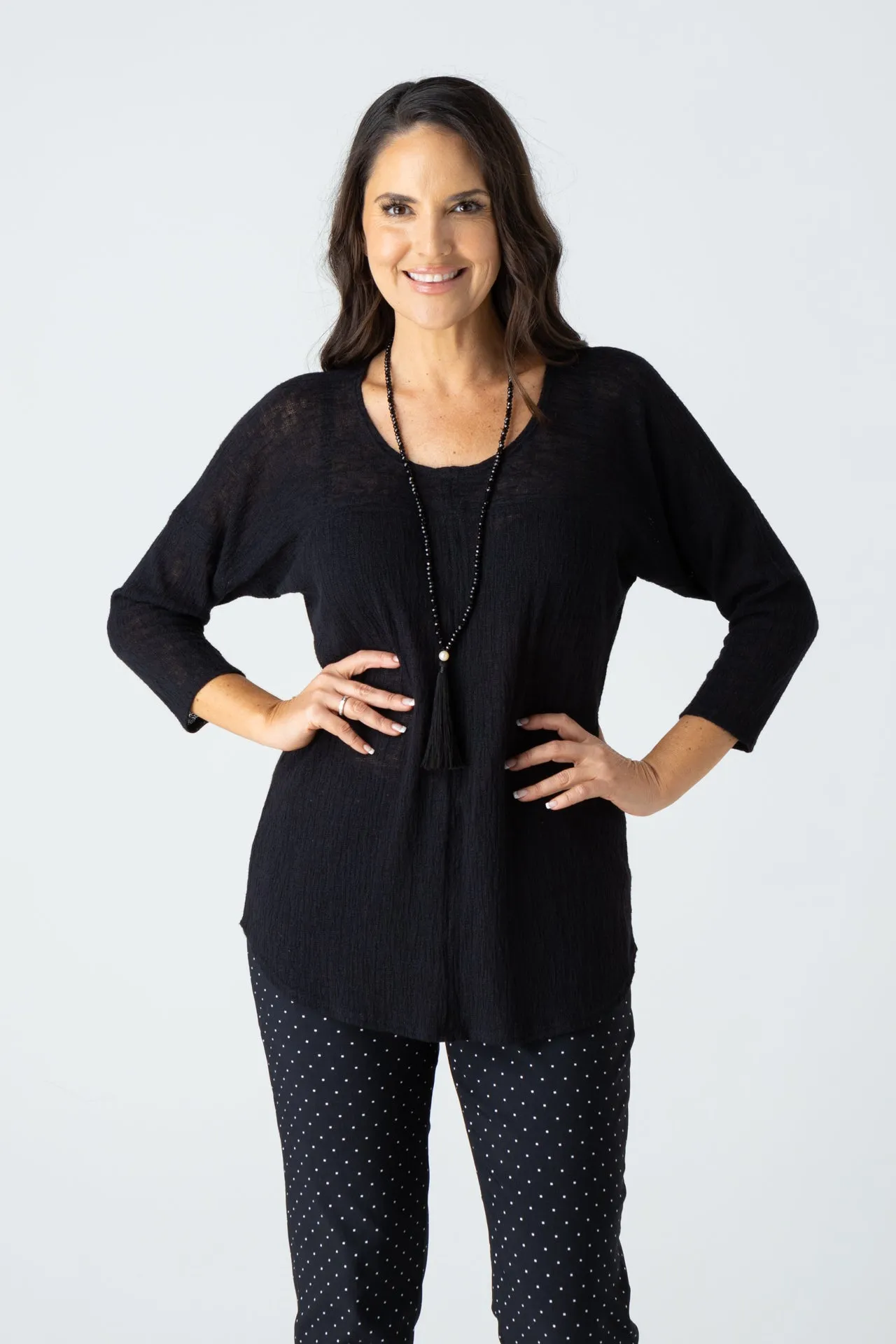 Black Feature Stitched Ploy/Rayon Knit 3/4 Sleeve Top