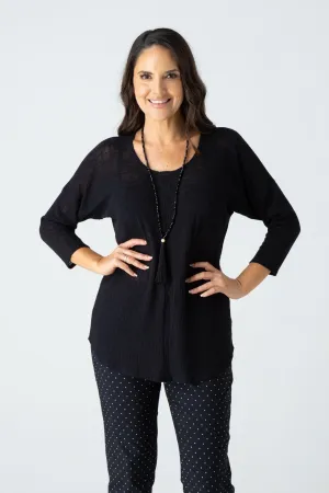 Black Feature Stitched Ploy/Rayon Knit 3/4 Sleeve Top