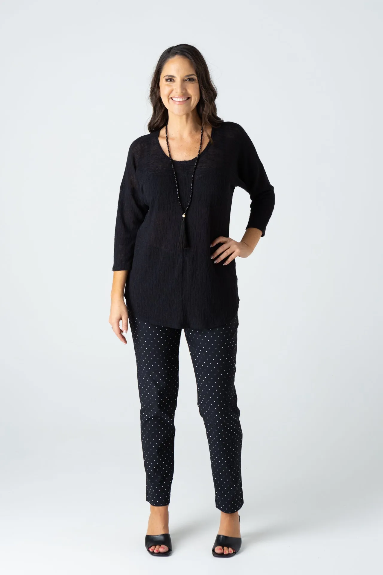 Black Feature Stitched Ploy/Rayon Knit 3/4 Sleeve Top