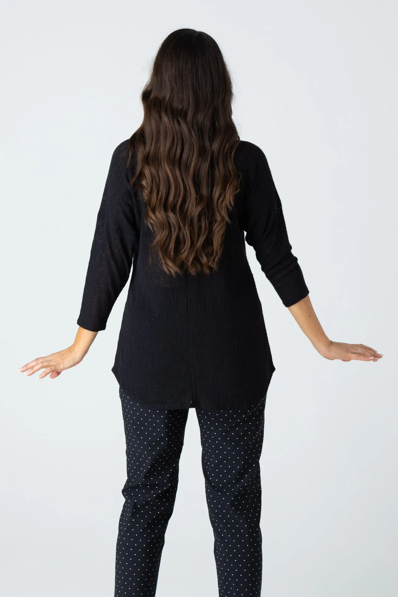 Black Feature Stitched Ploy/Rayon Knit 3/4 Sleeve Top