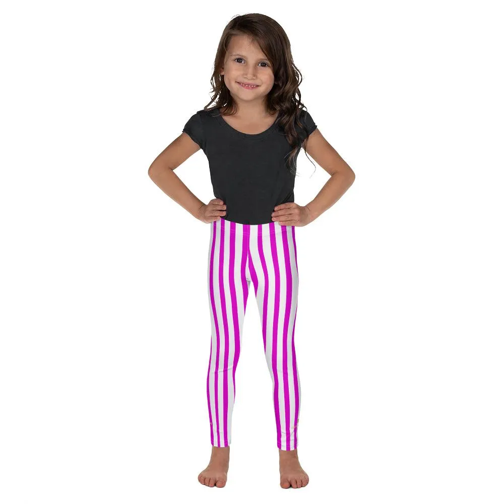 Bright Pink Striped Kids Leggings, White Vertical Stripe Girls Workout Pants- Made in USA/EU