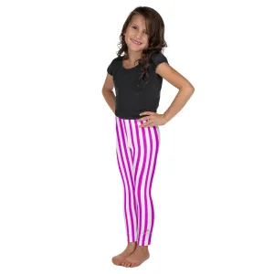 Bright Pink Striped Kids Leggings, White Vertical Stripe Girls Workout Pants- Made in USA/EU