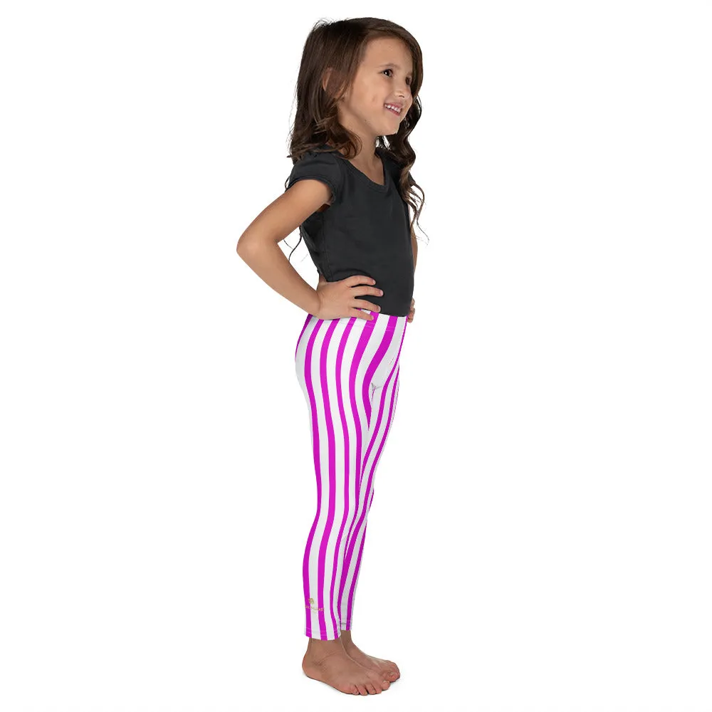Bright Pink Striped Kids Leggings, White Vertical Stripe Girls Workout Pants- Made in USA/EU