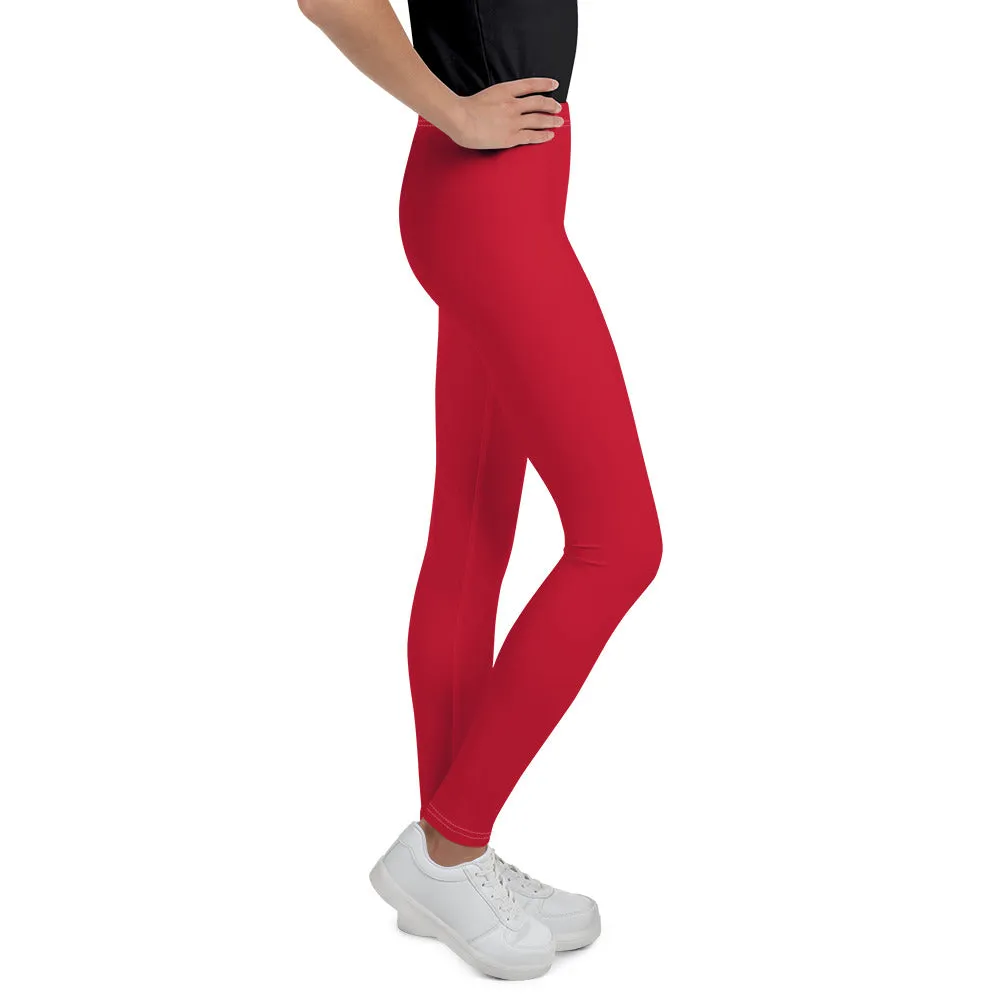 Bright Red Youth's Leggings, Christmas Red Solid Color Gym Compression Tights-Made in USA/EU