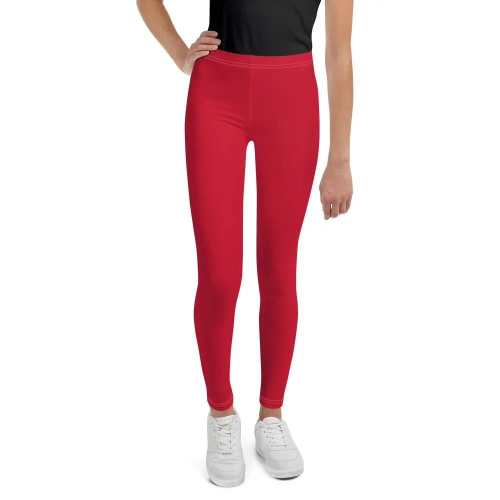 Bright Red Youth's Leggings, Christmas Red Solid Color Gym Compression Tights-Made in USA/EU