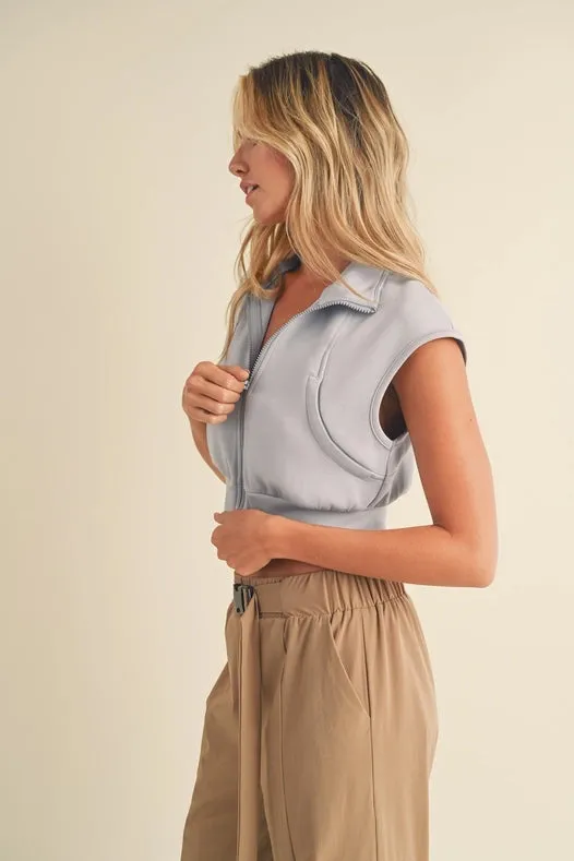 Butter-Soft Cropped Scuba Sleeveless Jacket Light Blue