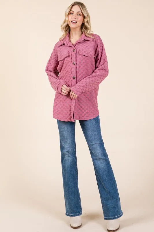 Button Down Shacket in Checkered Deep Rose