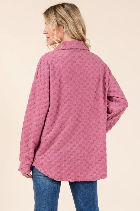 Button Down Shacket in Checkered Deep Rose