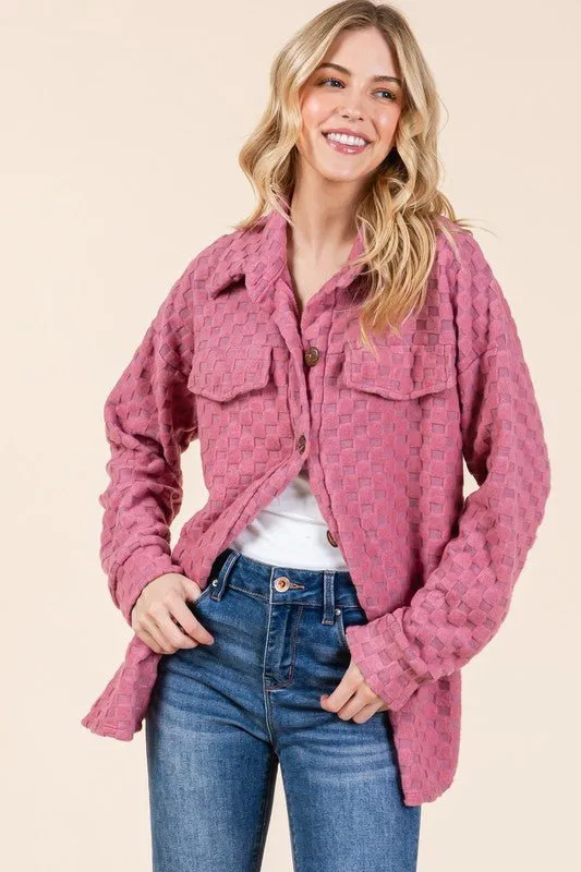 Button Down Shacket in Checkered Deep Rose