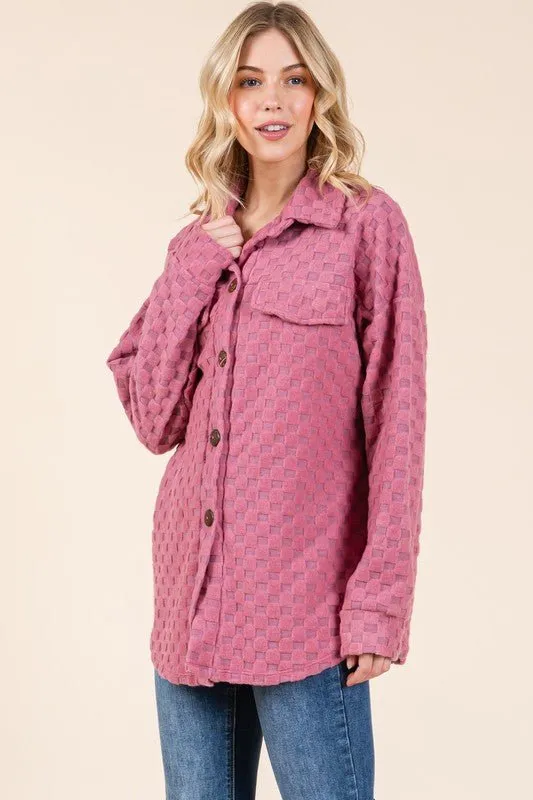 Button Down Shacket in Checkered Deep Rose