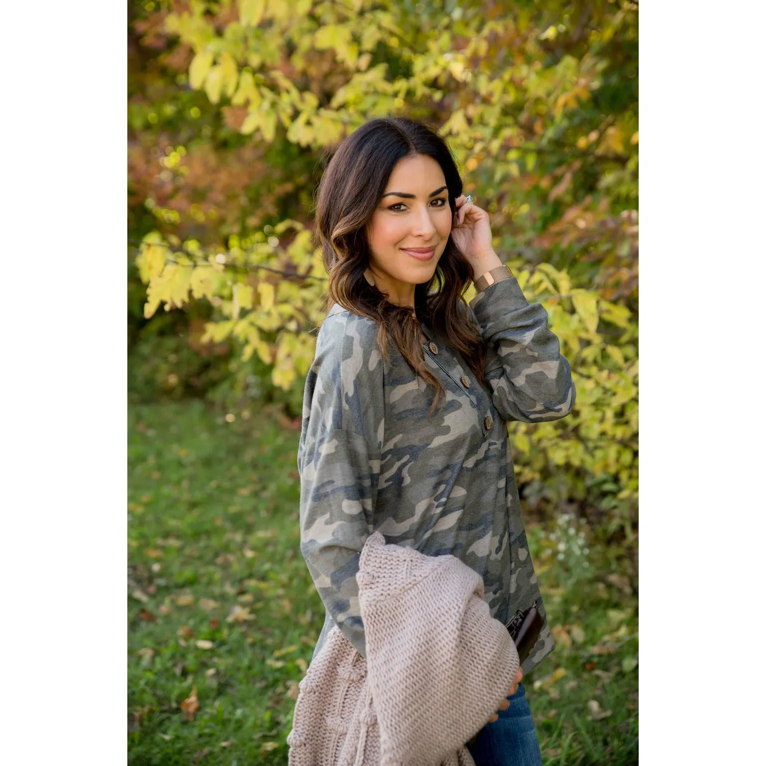 Camo Triple Button Top Long Sleeve Tee
