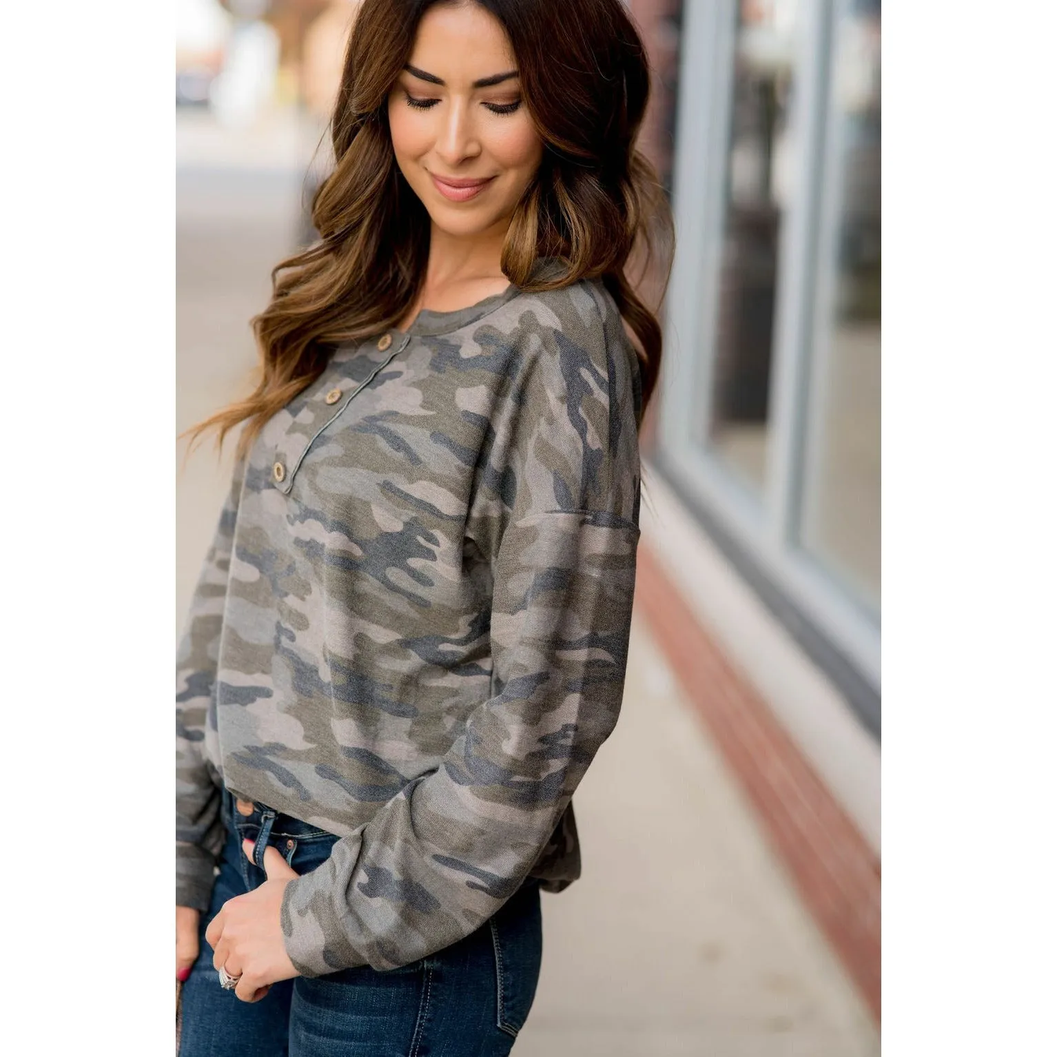 Camo Triple Button Top Long Sleeve Tee