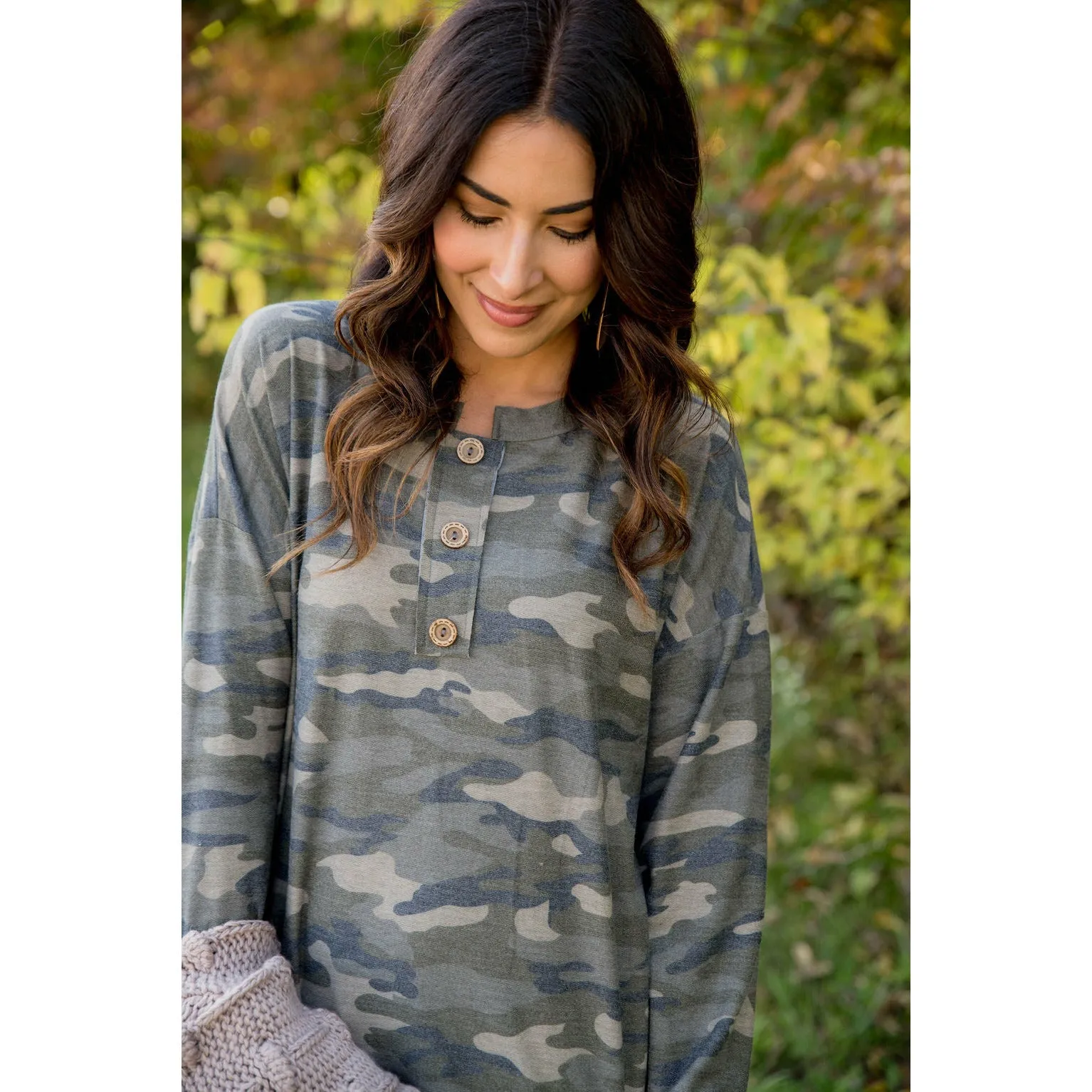 Camo Triple Button Top Long Sleeve Tee