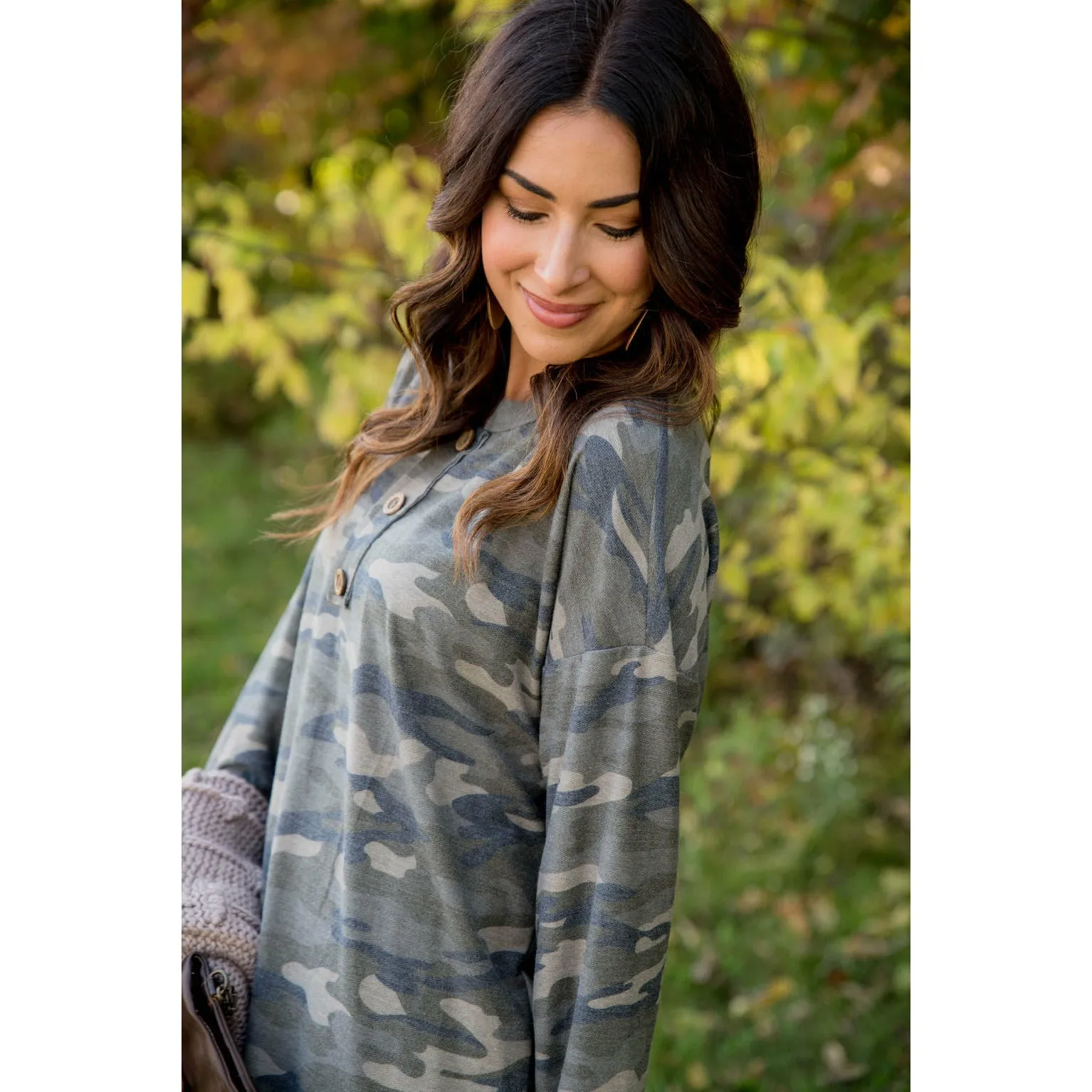 Camo Triple Button Top Long Sleeve Tee