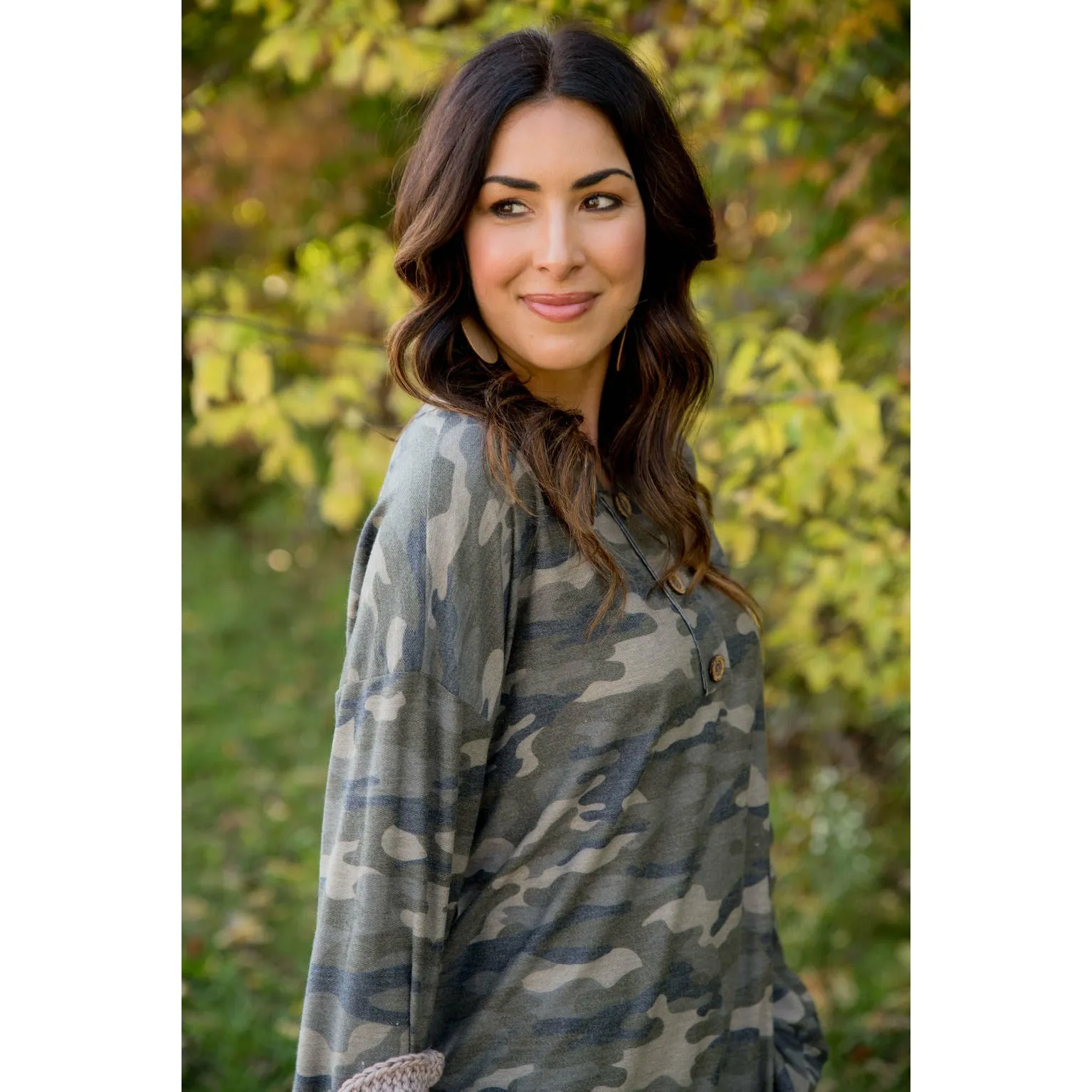 Camo Triple Button Top Long Sleeve Tee