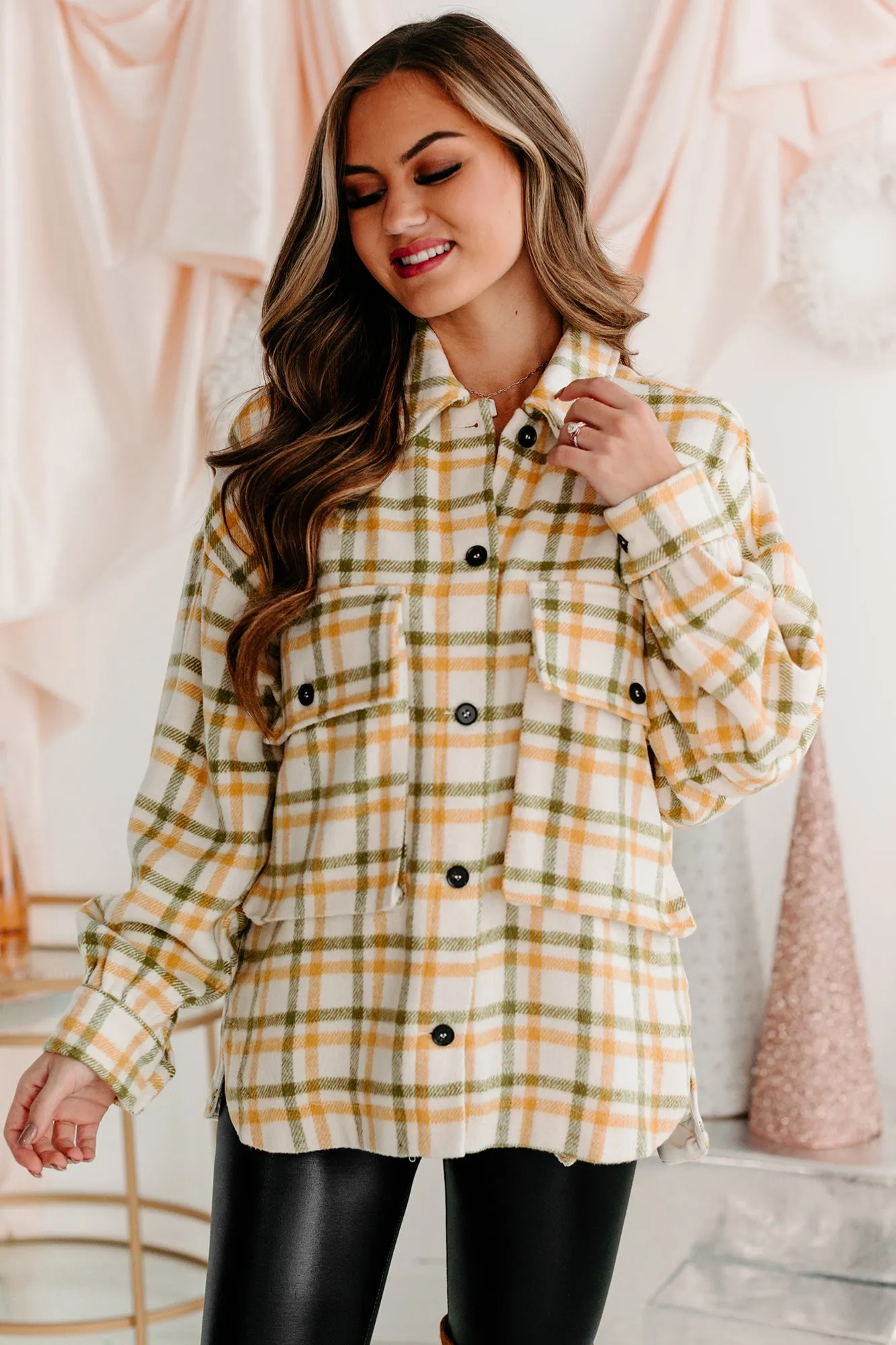 Cold Drives Oversized Plaid Shacket (Mustard/Sage)