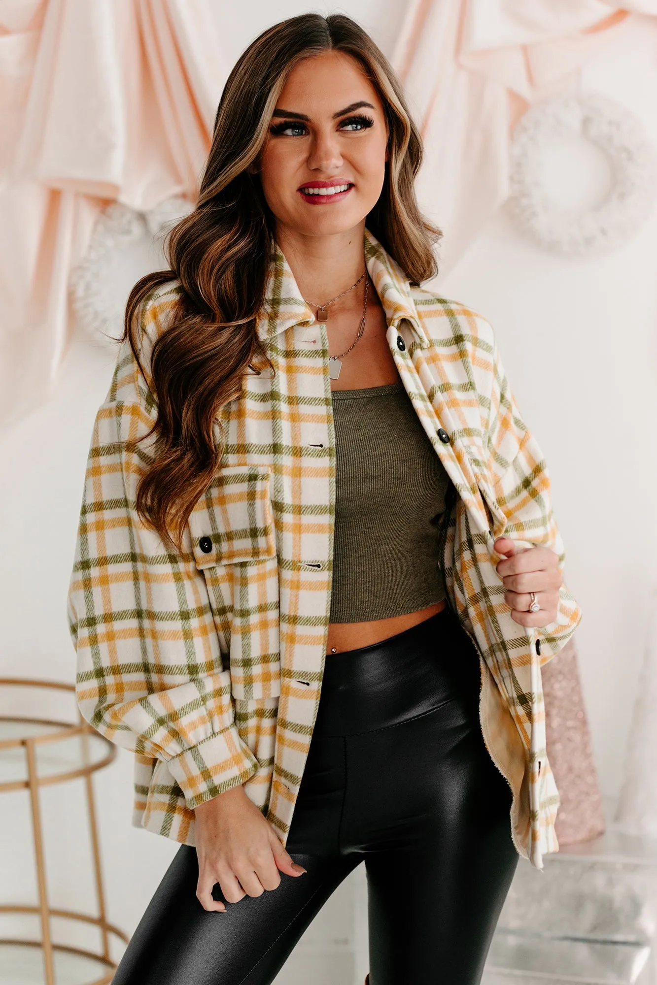 Cold Drives Oversized Plaid Shacket (Mustard/Sage)