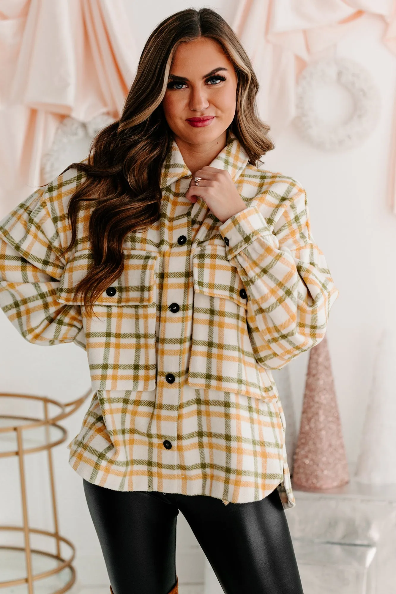 Cold Drives Oversized Plaid Shacket (Mustard/Sage)