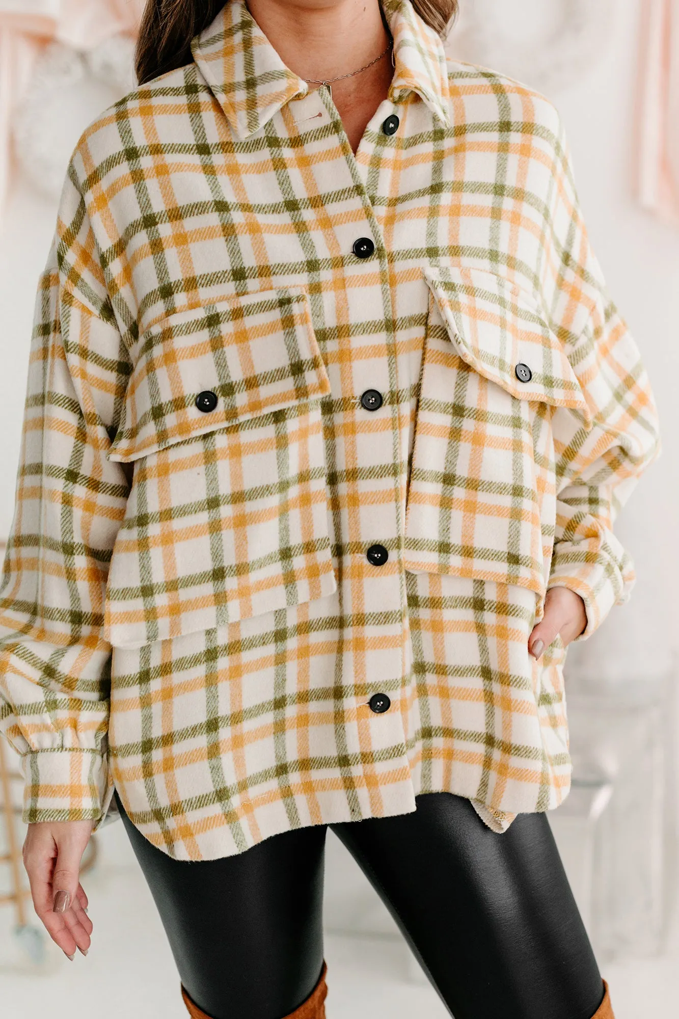 Cold Drives Oversized Plaid Shacket (Mustard/Sage)